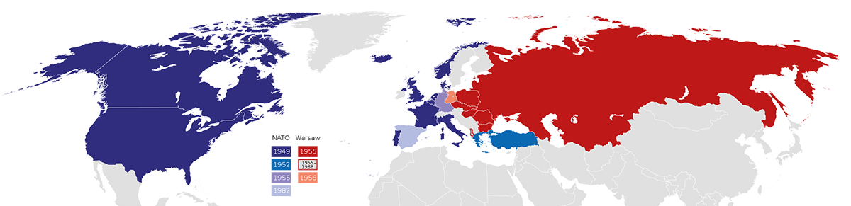 NATO vs. Warschauer Pakt im kalten Krieg. Nordamerika u Europa als NATO markiert, Russland und die Blockstaaten als solche...