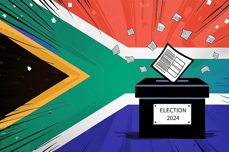 Die Flagge Südafrikas, leicht zersplittert, mit einer Wahlbox in der Mitte. Election 2024