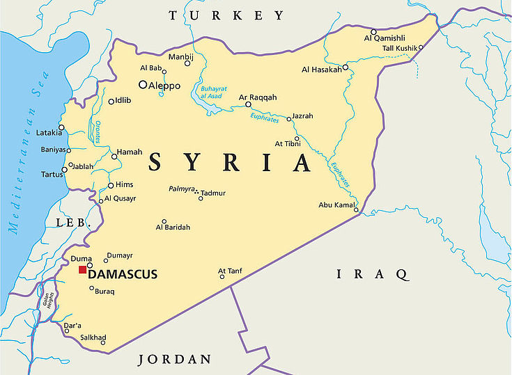 Karte Syriens mit Damaskus im Süden und Idlib im Norden
