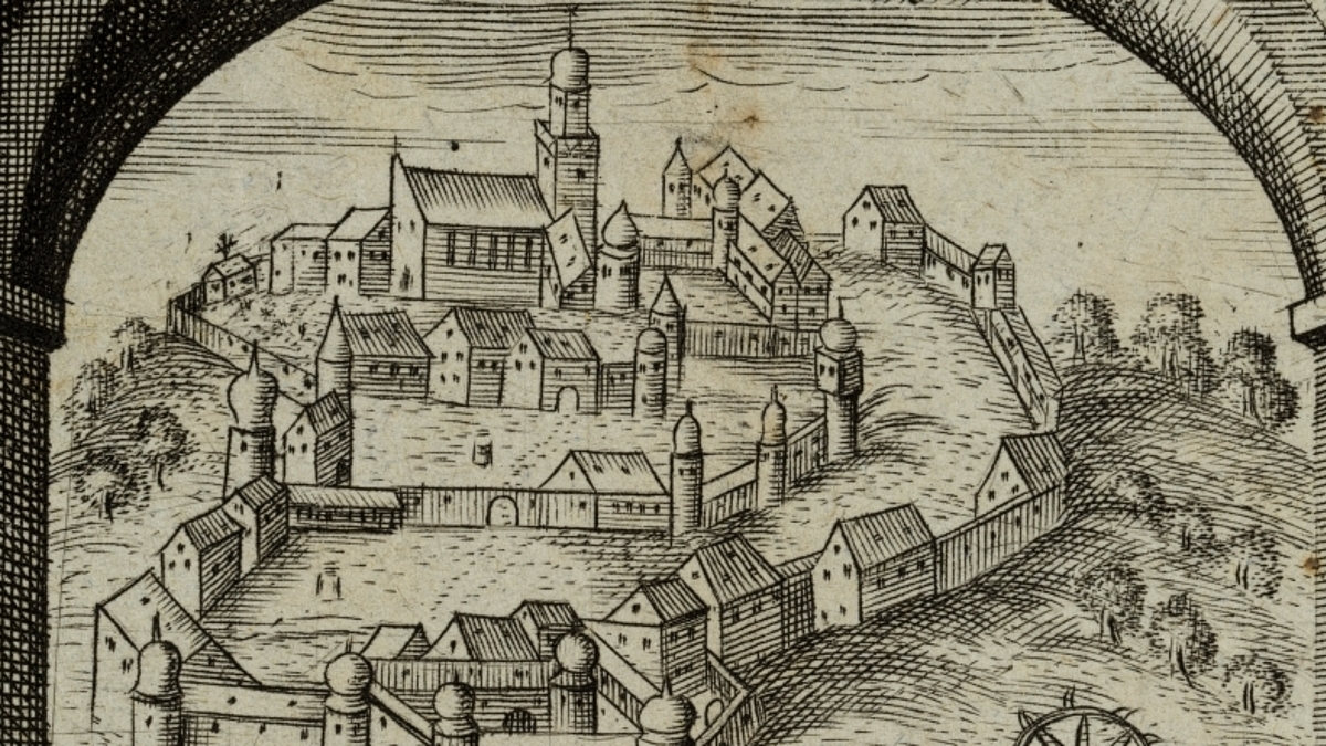 Die vorbarocke Klosteranlage Banz (Ausschnitt) auf einem Thesenblatt „Disputation der hl. Katharina von Alexandrien“, Kupferstich von Friedrich Weygant 
