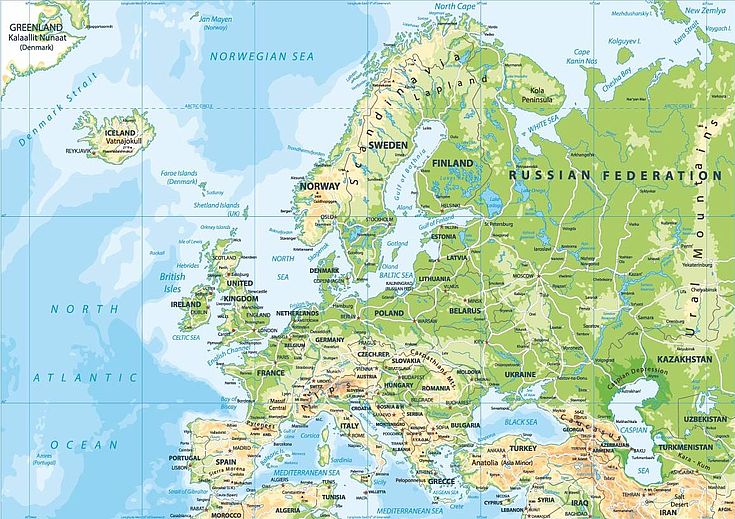 Karte Europas, auf der Russland bis zum Uralgebirge abgebildet ist.