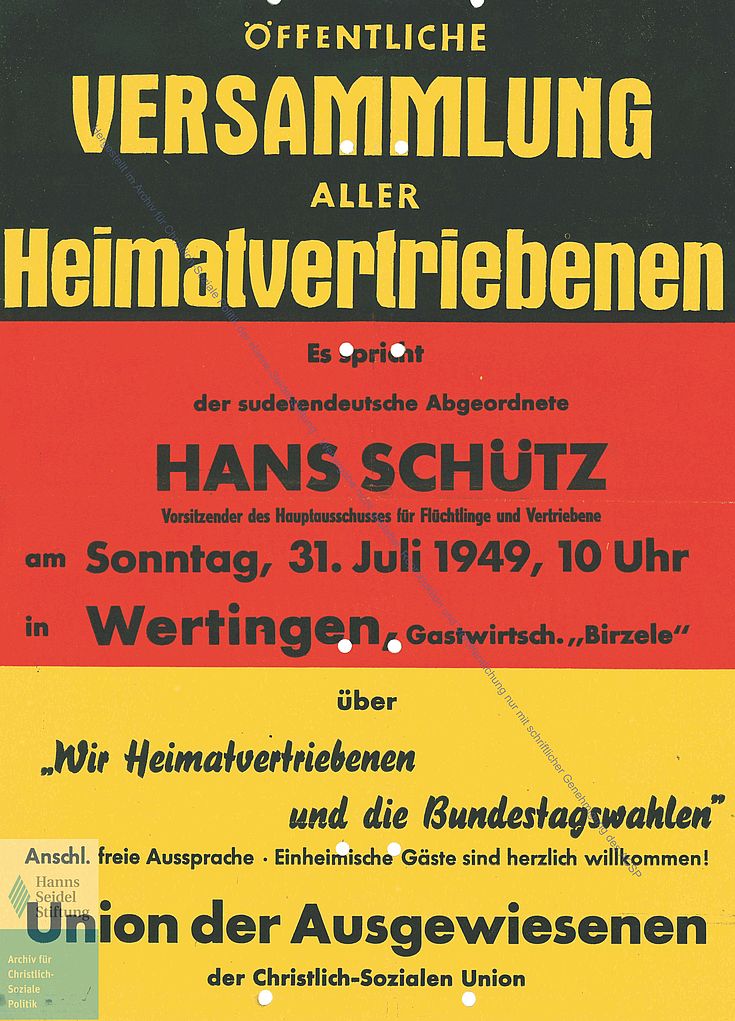 Flugblatt der Union der Ausgewiesenen und Flüchtlinge 1949
